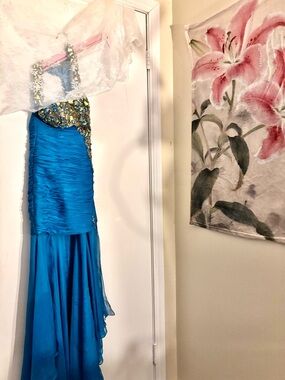 Blue Beaded One-Shoulder Evening Gown prom dress